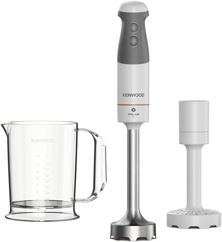 Kenwood Triblade Hand Blender, Mixer with Anti-Splash, Masher Attachment and BPA-Free Plastic Beaker, HBM40.004WH, Dishwasher Safe, 850W, White-0