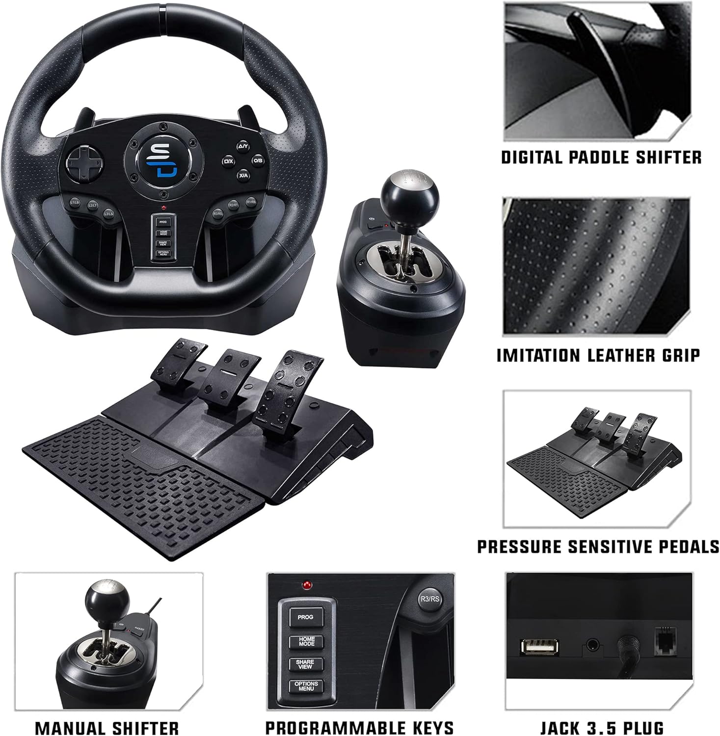 Subsonic Superdrive Gs850-X racing wheel with manual shifter, 3 pedals, shift paddles for Xbox Series X/S, PS4, Xbox One (programmable for all games)-3