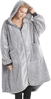 Bedsure Zip Up Oversized Blanket Hoodie - Sherpa Fleece Wearable Blanket with Zipper for Women & Men, Soft Warm Fluffy Hooded Blanket with Pocket, Gift for Women, Gift for Her, Grey, 100x78 cm