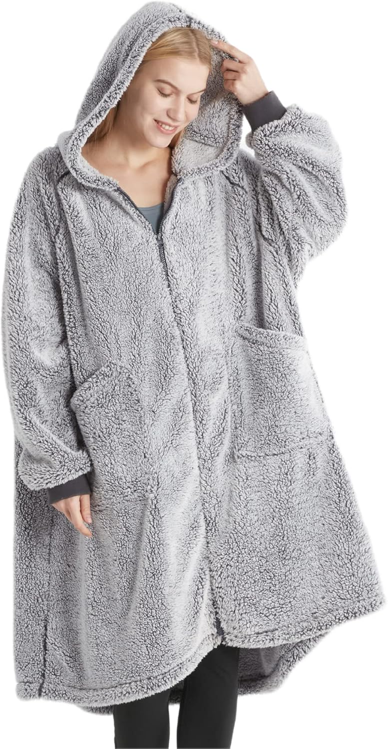 Bedsure Zip Up Oversized Blanket Hoodie - Sherpa Fleece Wearable Blanket with Zipper for Women & Men, Soft Warm Fluffy Hooded Blanket with Pocket, Gift for Women, Gift for Her, Grey, 100x78 cm-0