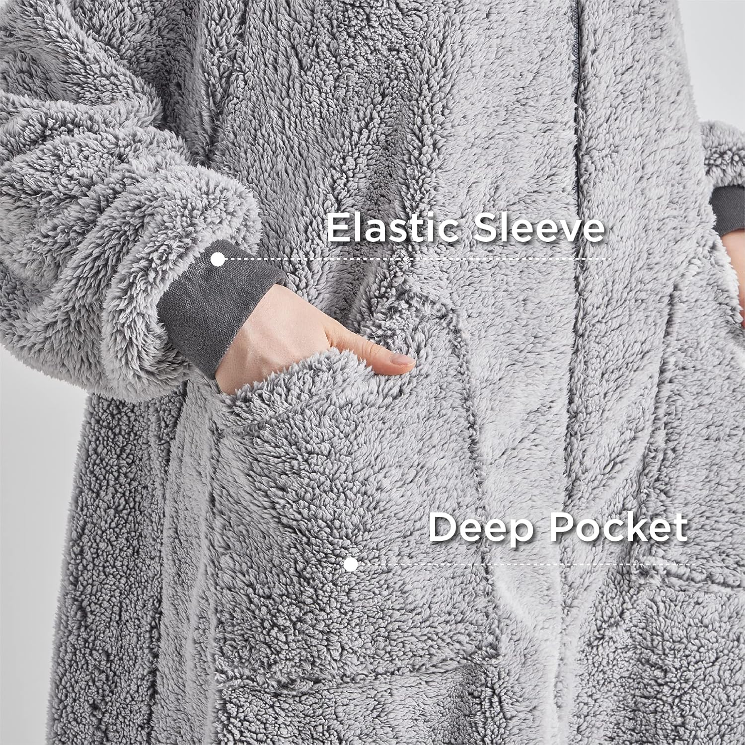 Bedsure Zip Up Oversized Blanket Hoodie - Sherpa Fleece Wearable Blanket with Zipper for Women & Men, Soft Warm Fluffy Hooded Blanket with Pocket, Gift for Women, Gift for Her, Grey, 100x78 cm-2