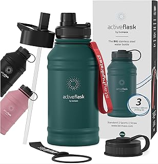 Leakproof Stainless Steel Water-bottle ACTIVE FLASK + Straw (3 Lids) | Large 1.3/2.2 L Capacity Sports Container BPA-free, for Carbonated Drinks, 74 oz XL Training Outdoor Fitness Water Bottle