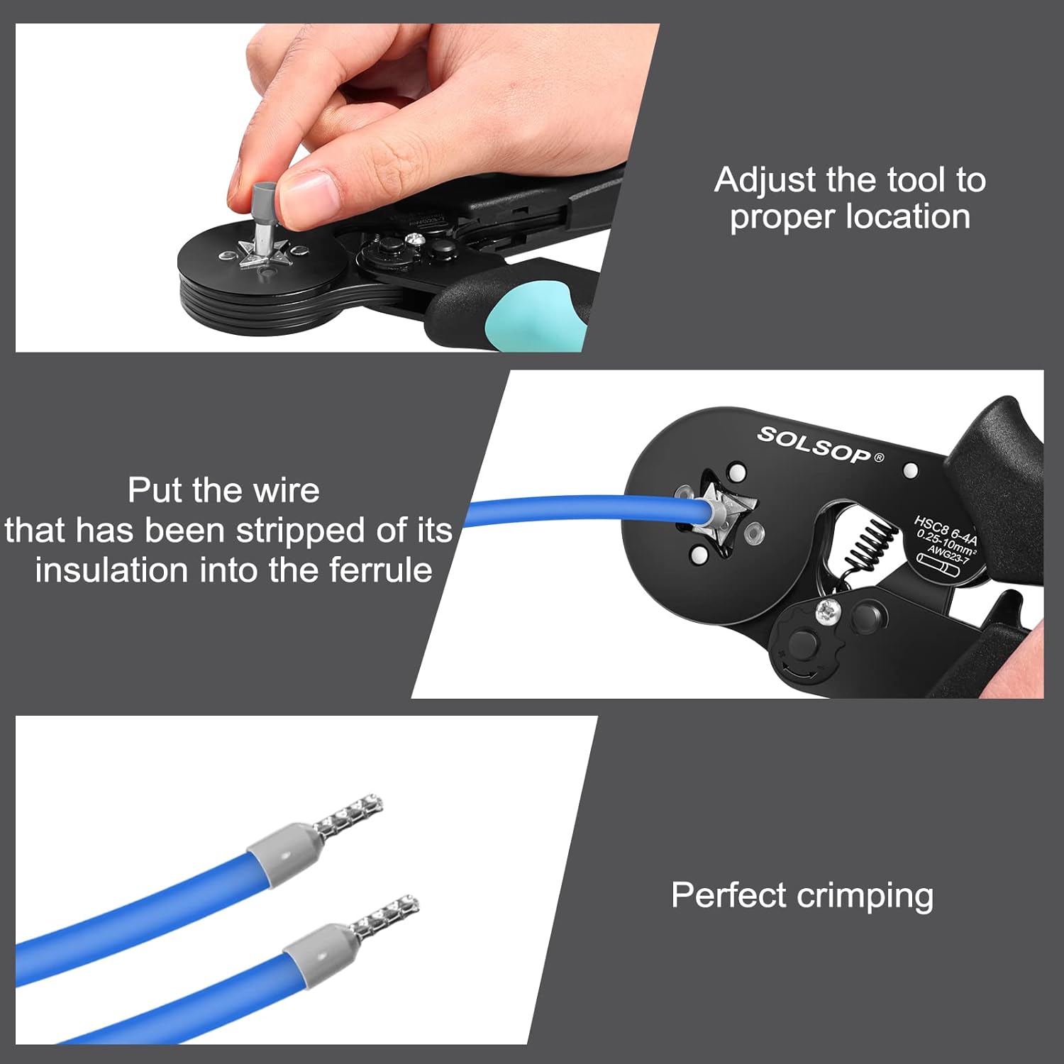 Solsop Ferrule Crimping Tool Kit - AWG23-7 Self-Adjustable Ratchet Wire Crimping Tool Kit, Wire Ferrule Crimp Plier with 1250PCS Wire Terminals-4