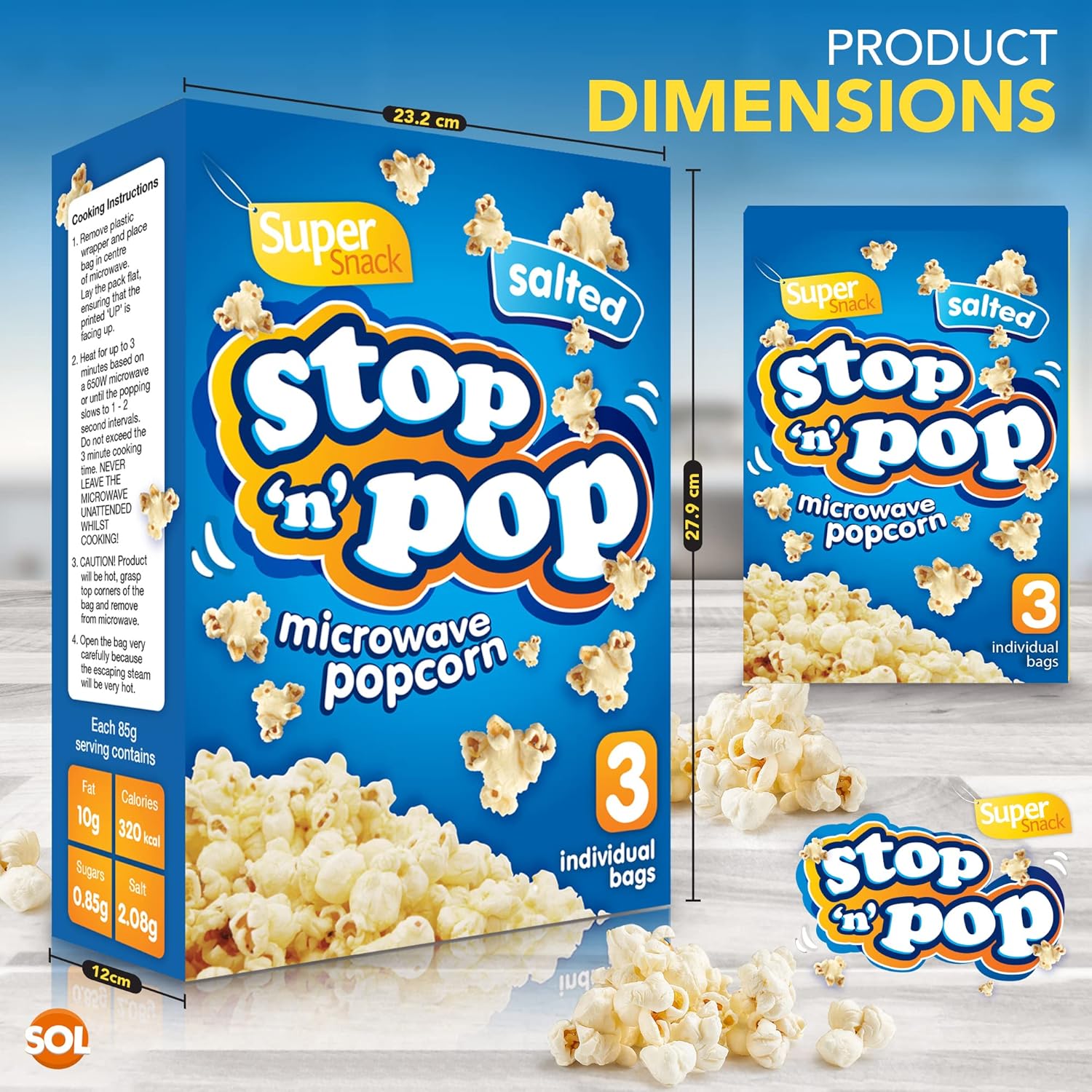 12pk x 85g SOL Stop 'n' Pop Microwave Popcorn | Salted Popcorn Flavour | Popping Pop Corn Kernels for The Family | Flavoured Popcorn Kernels Popcorn Microwave Includes SOL Sticker-1