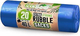 EcoBag - 20 Pack Blue Rubble Bags - 40L - 100 Microns - Recyclable Heavy Duty Bin Bags - Leak Resistant Rubble Sacks for Garden, Builders, Caterers, Kitchen, DIY (508 x 762mm)