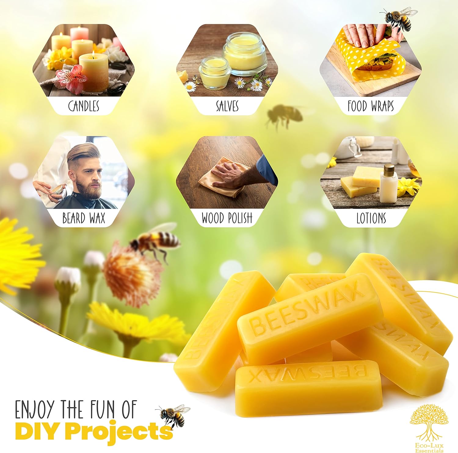 Eco Lux 8 Beeswax Blocks 100% Pure Natural Organic Bees wax 180g-3