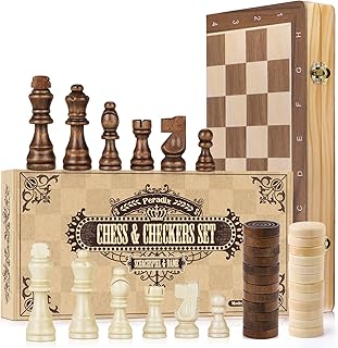 Peradix Chess Set and Draughts Board Games 2 in 1 Set | 38x38cm Magnetic Foldable Wooden Chess Board | 2 Extral Queen | Handmade Chess Toys Gift for Kids and Adult