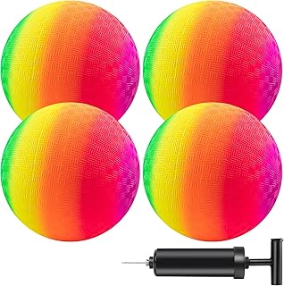 MIC MICSOA Playground Balls Kickballs 8.5 Inch, Rainbow Playground Ball Set for Kids and Adults, Dodgeball Kick Balls Handball for Indoor & Outdoor Schoolyard Games with Hand Pump(4 Pack)