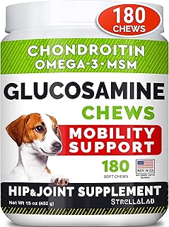 STRELLALAB Glucosamine Treats for Dogs - Joint Supplement w/Omega-3 Fish Oil - Chondroitin, MSM - Advanced Mobility Chews - Hip & Joint Care - Chicken Flavor - 180 Ct