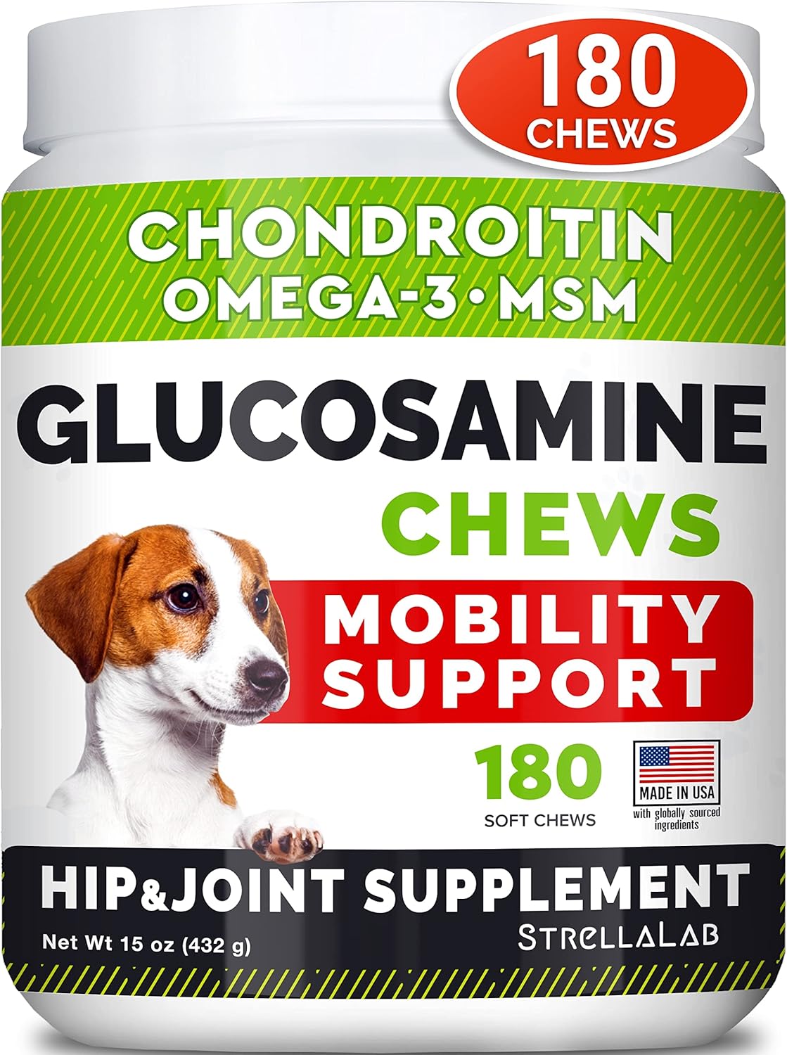 STRELLALAB Glucosamine Treats for Dogs - Joint Supplement w/Omega-3 Fish Oil - Chondroitin, MSM - Advanced Mobility Chews - Hip & Joint Care - Chicken Flavor - 180 Ct-0