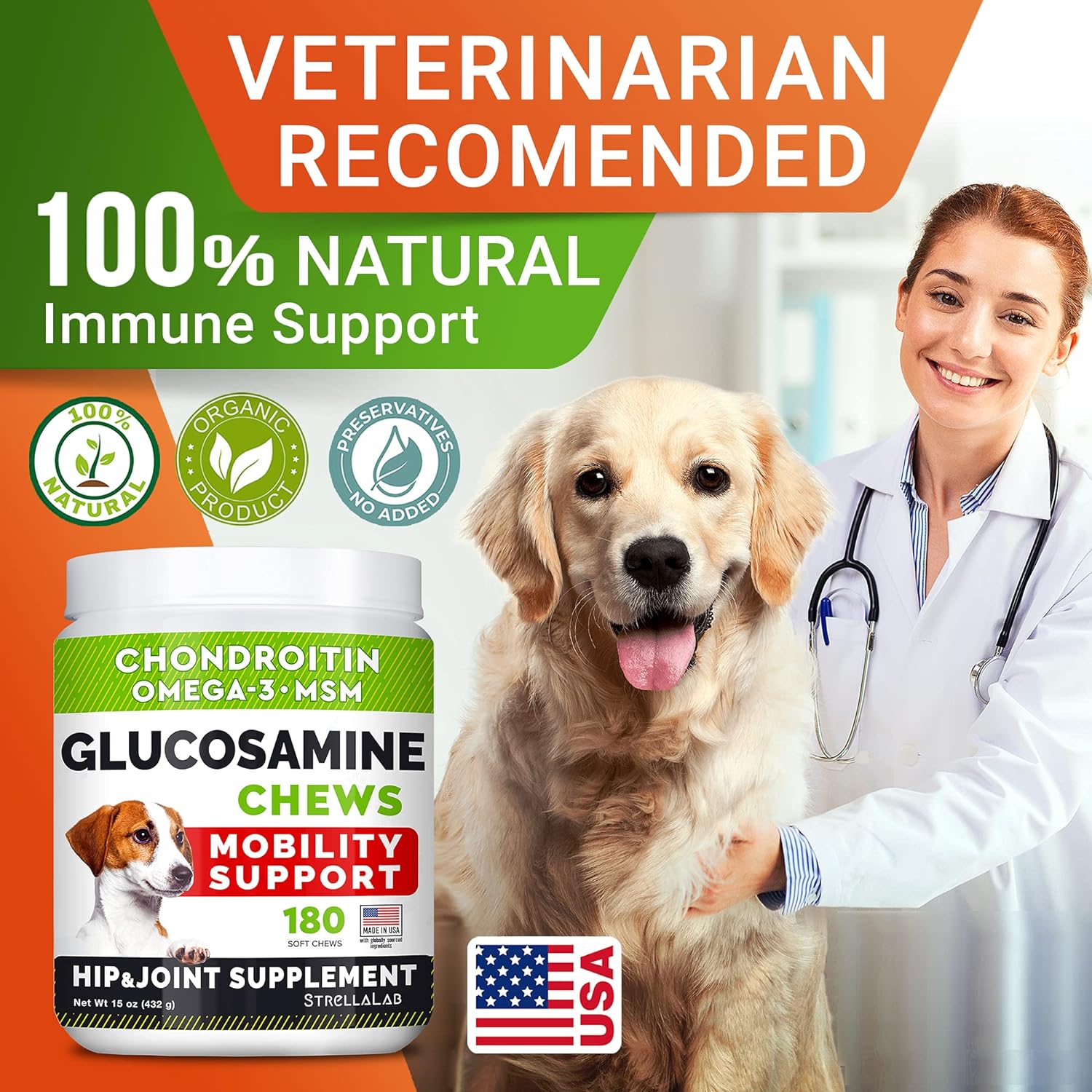 STRELLALAB Glucosamine Treats for Dogs - Joint Supplement w/Omega-3 Fish Oil - Chondroitin, MSM - Advanced Mobility Chews - Hip & Joint Care - Chicken Flavor - 180 Ct-6