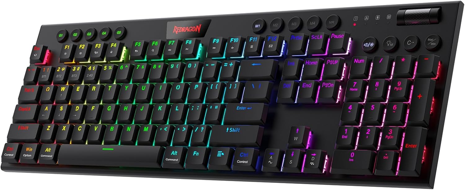 Redragon K618 Horus Wireless RGB Mechanical Keyboard, Bluetooth/2.4Ghz/Wired Tri-Mode Ultra Thin Low Profile Gaming Keyboard w/No-Lag Cordless Connection, Dedicated Media Control & Linear Red Switch-0