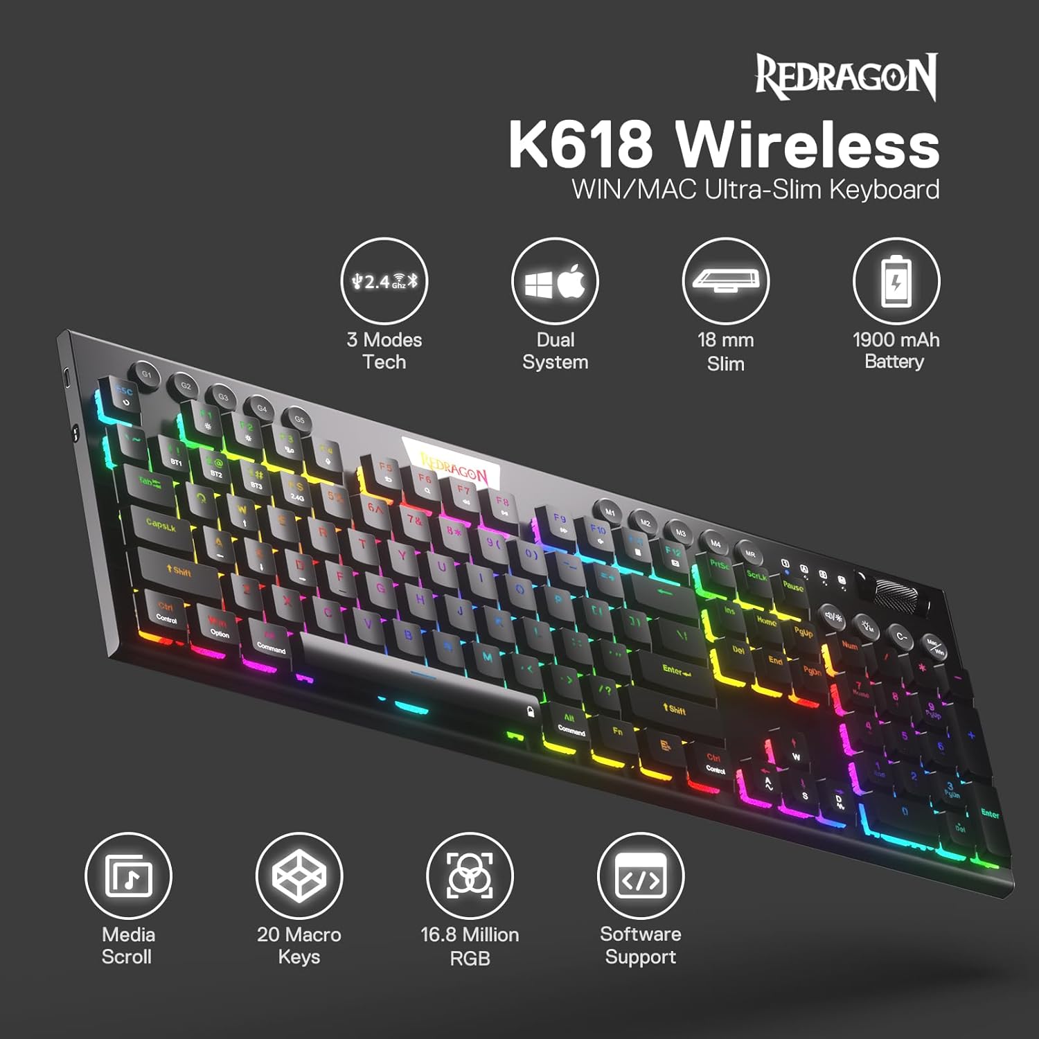 Redragon K618 Horus Wireless RGB Mechanical Keyboard, Bluetooth/2.4Ghz/Wired Tri-Mode Ultra Thin Low Profile Gaming Keyboard w/No-Lag Cordless Connection, Dedicated Media Control & Linear Red Switch-1