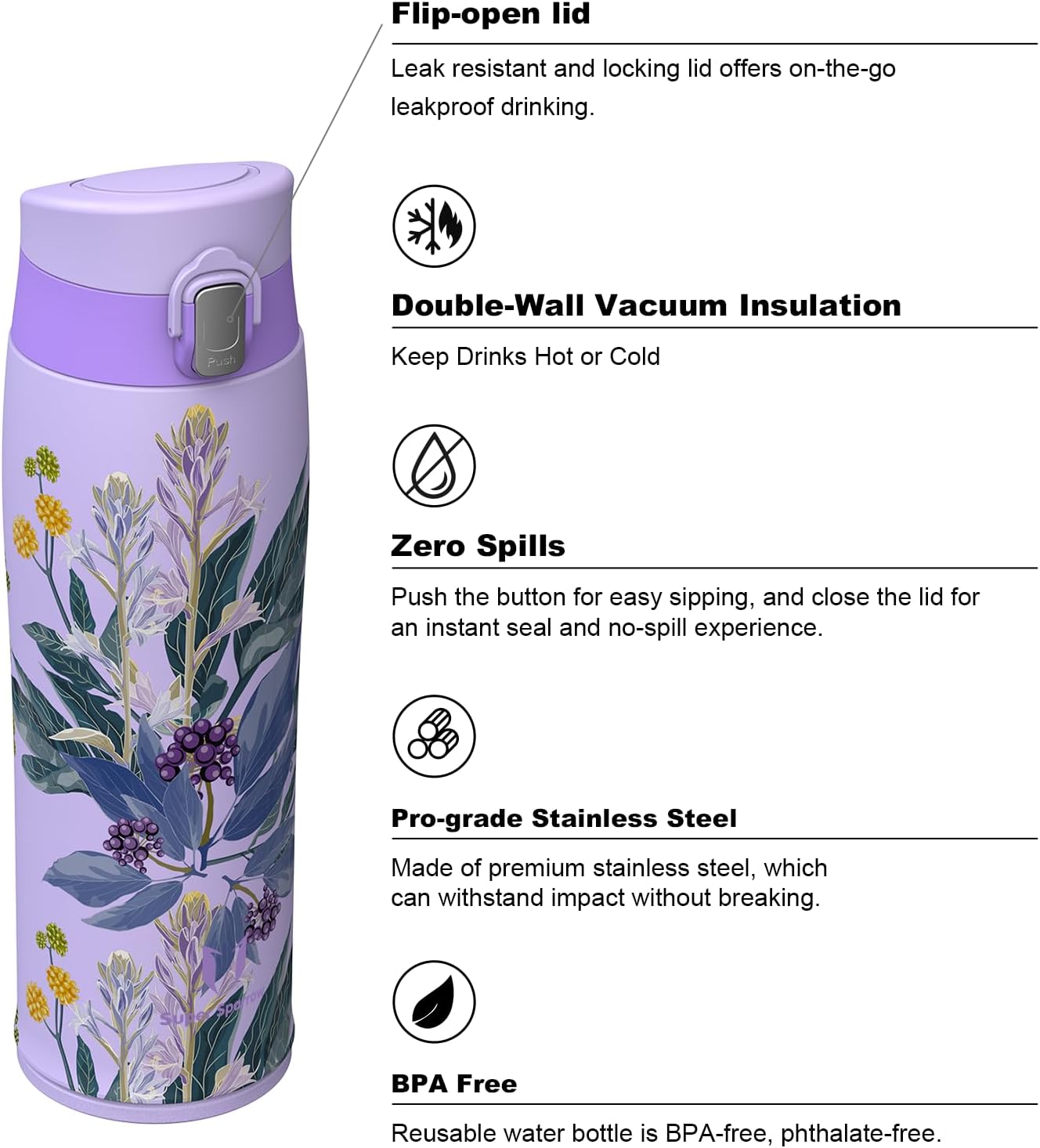 Super Sparrow Water Bottle Stainless Steel - Travel Mug - 350ml, 500ml, 750ml - Insulated Metal Water Bottle - BPA Free - Leakproof Drinks Bottle - Sports Water Bottle-1