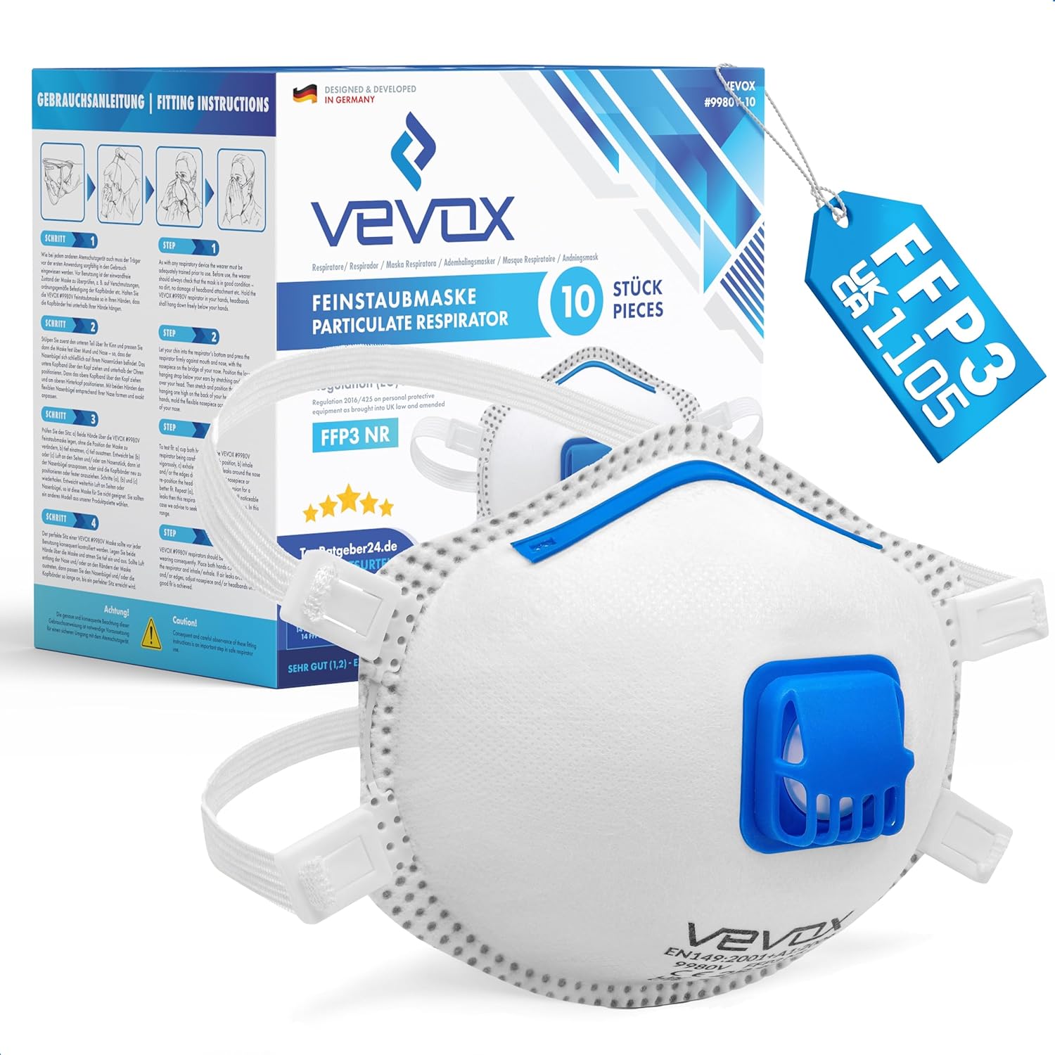 VEVOX® Respirators FFP3, FFP2 or FFP1 - sets of 5, 10, 20 or 5000 - with comfort sealing - respirator face mask ffp3/ffp2/ffp1 - valved facemasks - dust mask with valve-0