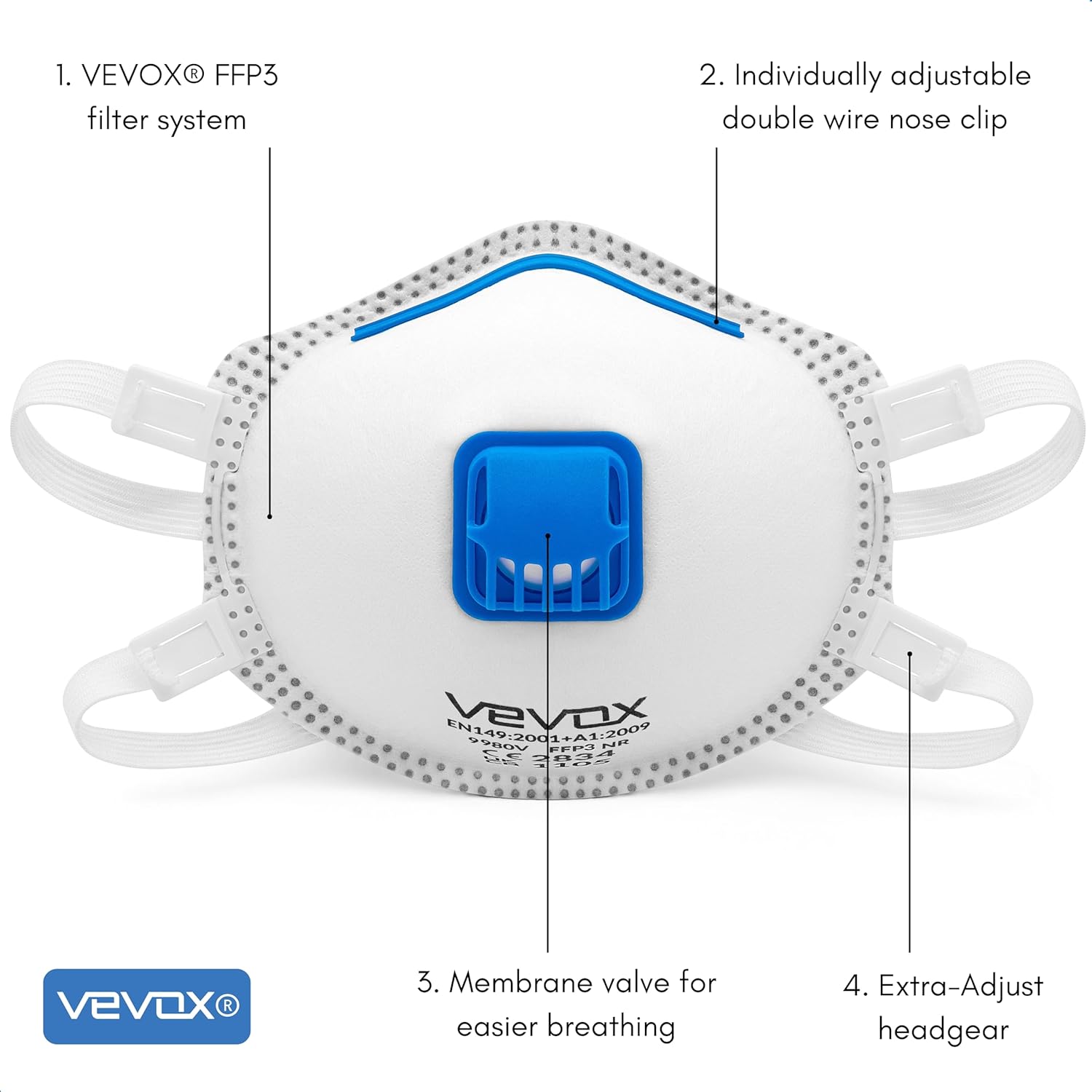 VEVOX® Respirators FFP3, FFP2 or FFP1 - sets of 5, 10, 20 or 5000 - with comfort sealing - respirator face mask ffp3/ffp2/ffp1 - valved facemasks - dust mask with valve-1