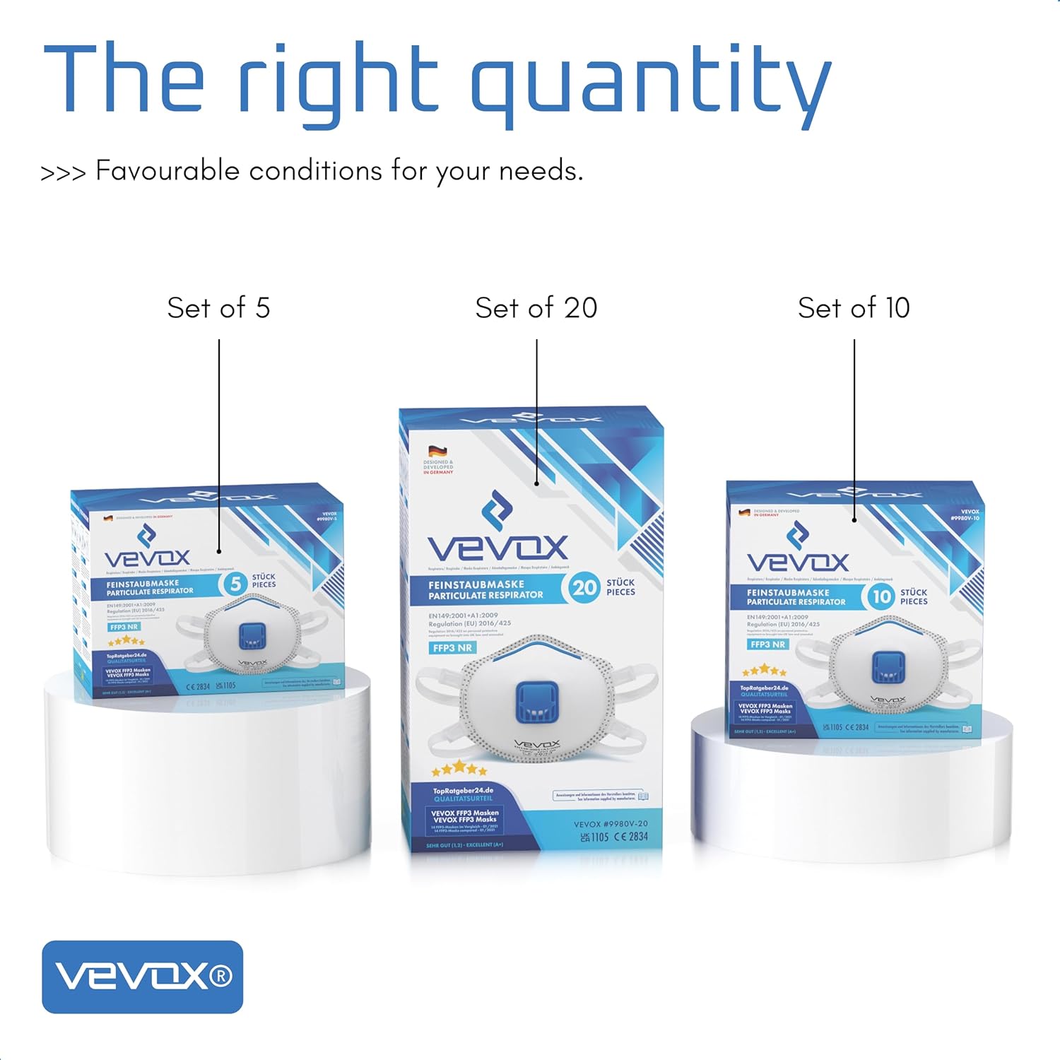 VEVOX® Respirators FFP3, FFP2 or FFP1 - sets of 5, 10, 20 or 5000 - with comfort sealing - respirator face mask ffp3/ffp2/ffp1 - valved facemasks - dust mask with valve-5