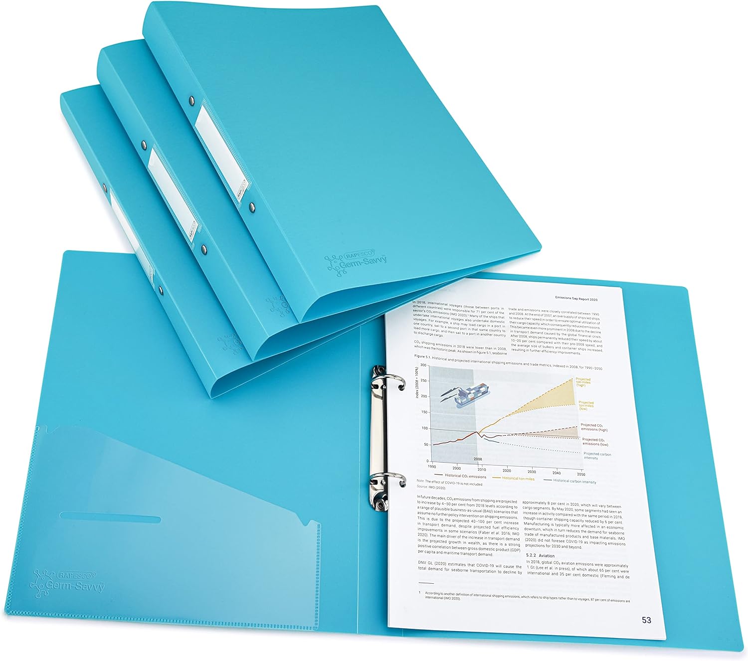 Rapesco 1664 Germ-Savvy Antibacterial A4 2-Ring PP Ring Binder, 35 mm Spine, Aqua, Set of 4-0