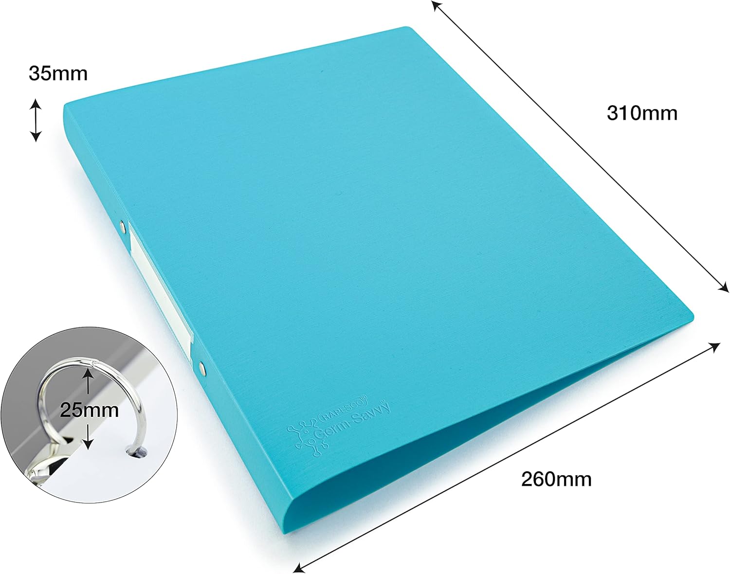 Rapesco 1664 Germ-Savvy Antibacterial A4 2-Ring PP Ring Binder, 35 mm Spine, Aqua, Set of 4-2