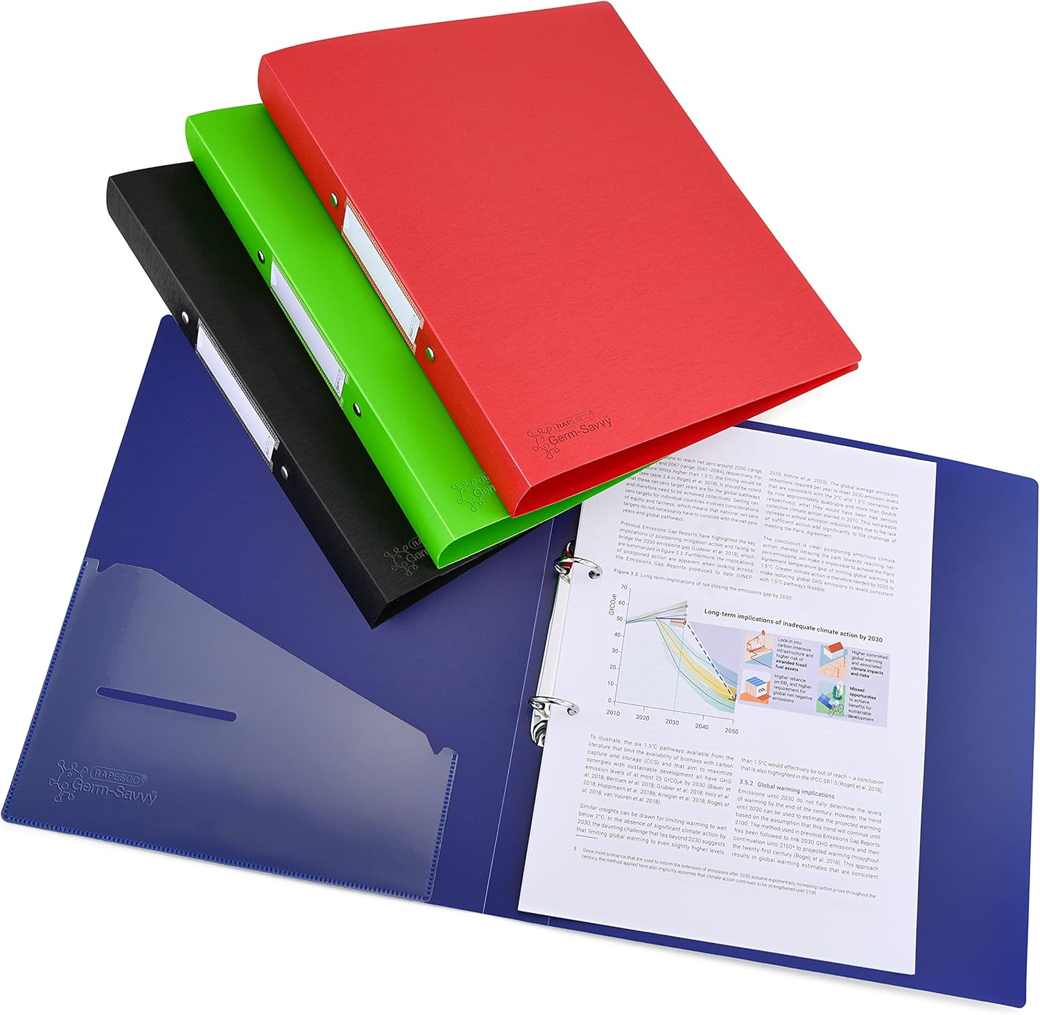 Rapesco 1658 Germ-Savvy Antibacterial, A4 2-Ring PP Ring Binder, 35 mm Spine, Assorted Colours, Set of 4-0