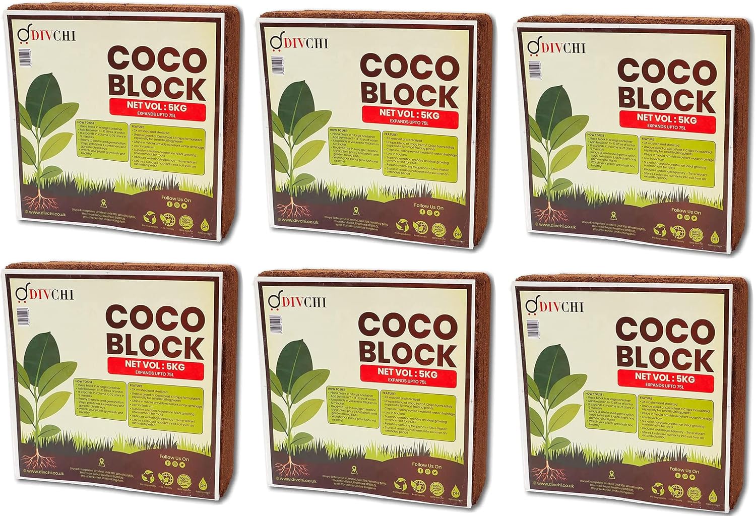 DIVCHI COCO BLOCK 6 X 5Kg (30kg) | ORGANIC | COCONUT FIBRE | 100% NATURAL | REPTILE FRIENDLY | PLANTING COCO SOIL | PH STABLE GROWING COMPOST I HIGH MOISTURE RETENTION I HEALTHY AERATION-0