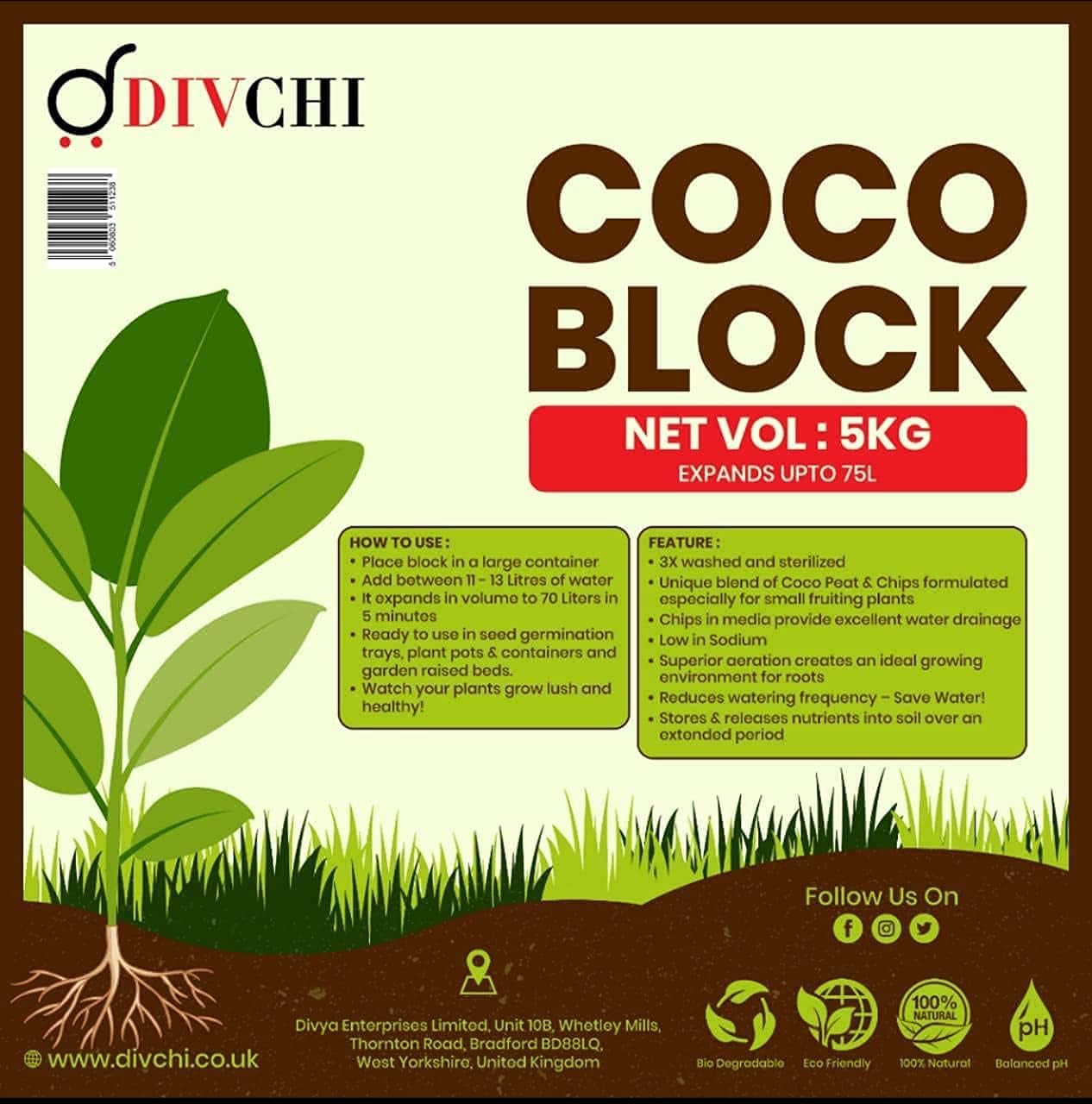 DIVCHI COCO BLOCK 6 X 5Kg (30kg) | ORGANIC | COCONUT FIBRE | 100% NATURAL | REPTILE FRIENDLY | PLANTING COCO SOIL | PH STABLE GROWING COMPOST I HIGH MOISTURE RETENTION I HEALTHY AERATION-1