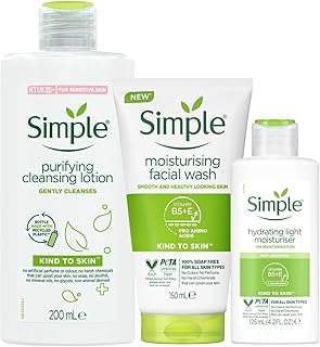 Simple Kind To Skin Care Bundle Of Purifying Cleansing Lotion 200ml, Moisturising Facial Wash 150ml, and Replenishing Rich Moisturiser 125ml For Sensitive Skin