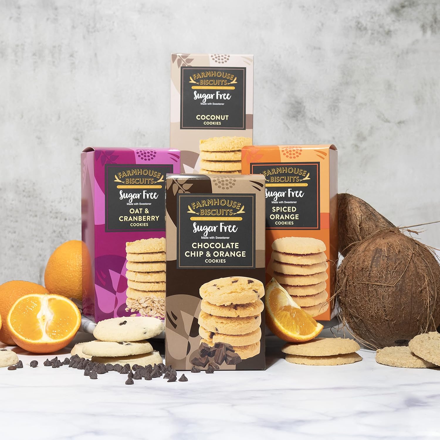 Farmhouse Biscuits Sugar Free Cookies Collection - Chocolate Chip & Orange Cookies, Coconut Cookies, Oat & Cranberry and Spiced Orange Cookies-1