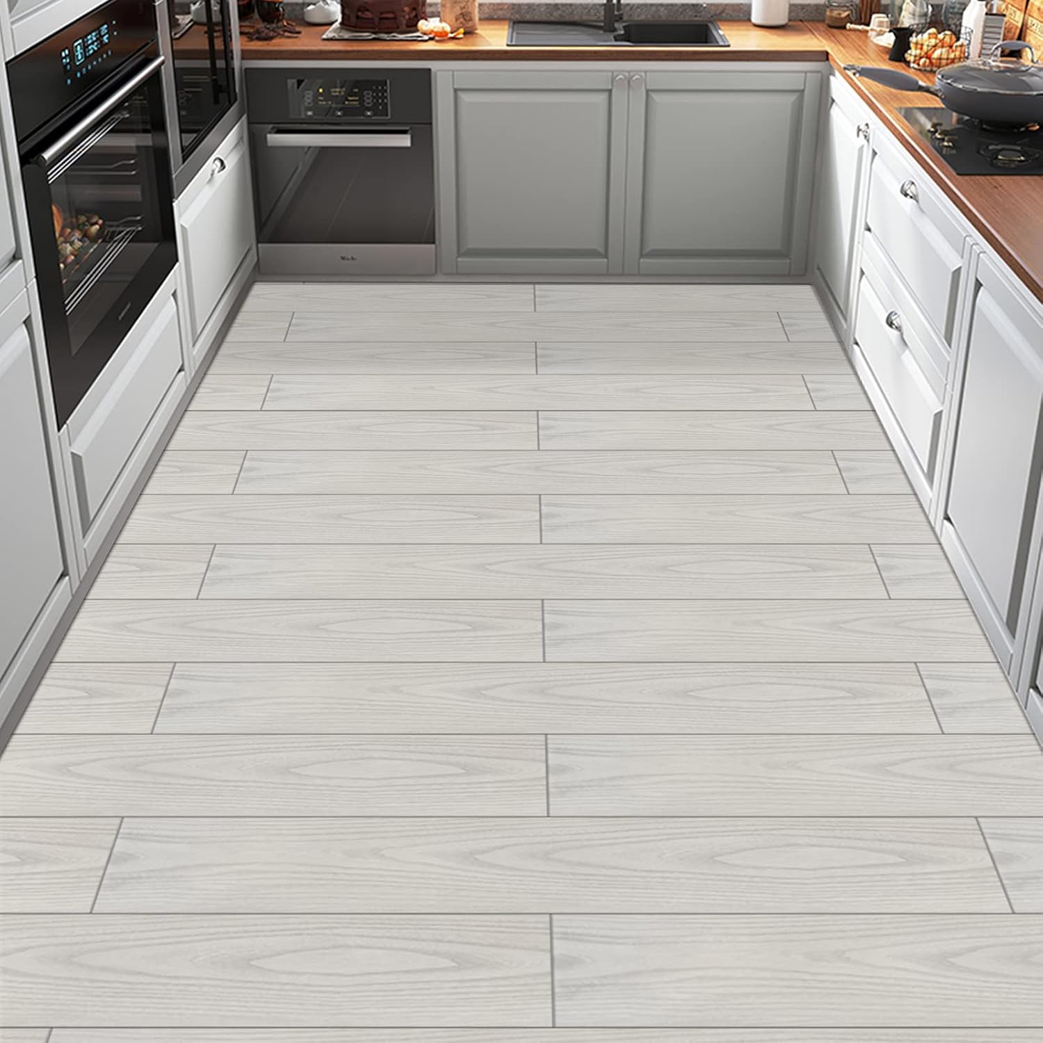 Self Adhesive Floor Planks, Floor Tiles Self Adhesive, Vinyl Flooring Waterproof Peel and Stick for Kitchen Bathroom Living Room Grey White Wood PVC 90X15cm-0