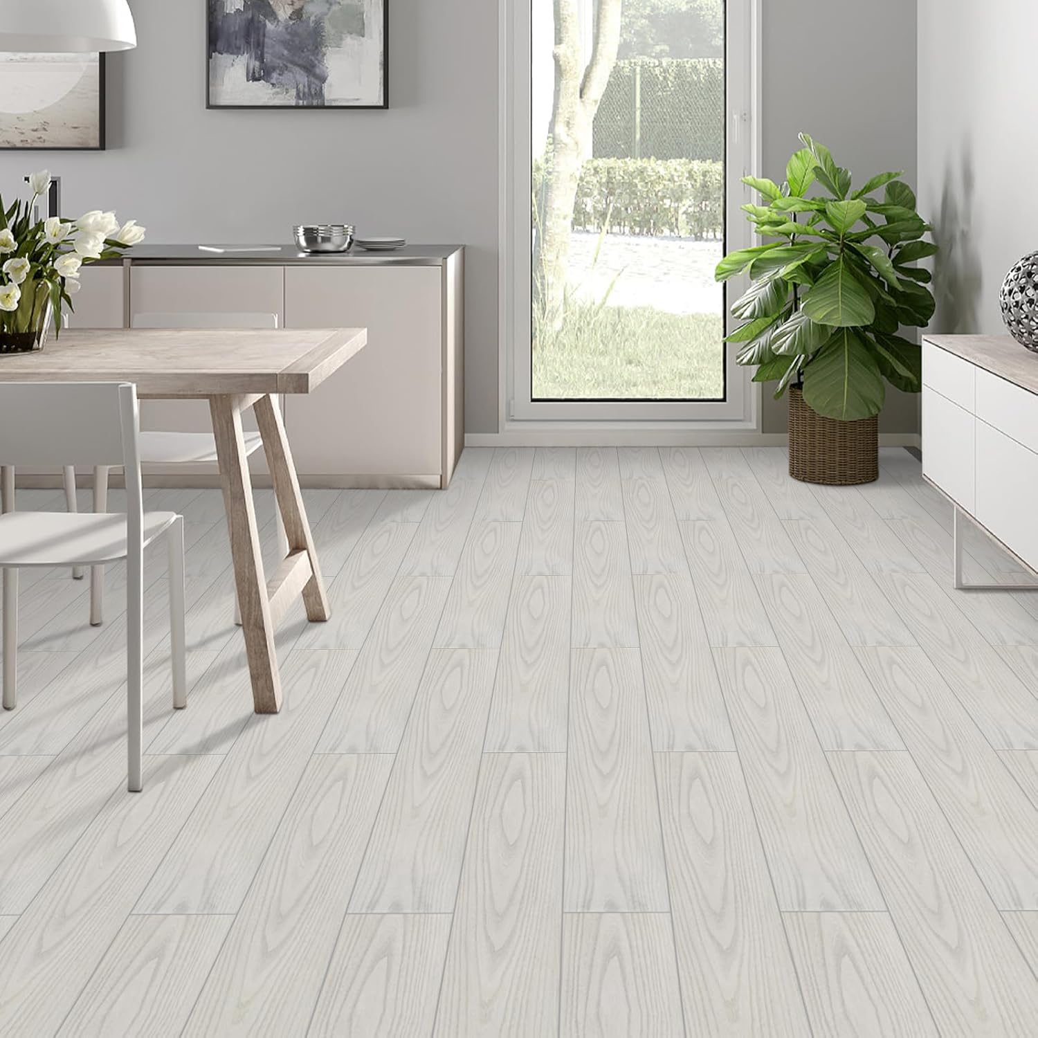 Self Adhesive Floor Planks, Floor Tiles Self Adhesive, Vinyl Flooring Waterproof Peel and Stick for Kitchen Bathroom Living Room Grey White Wood PVC 90X15cm-2