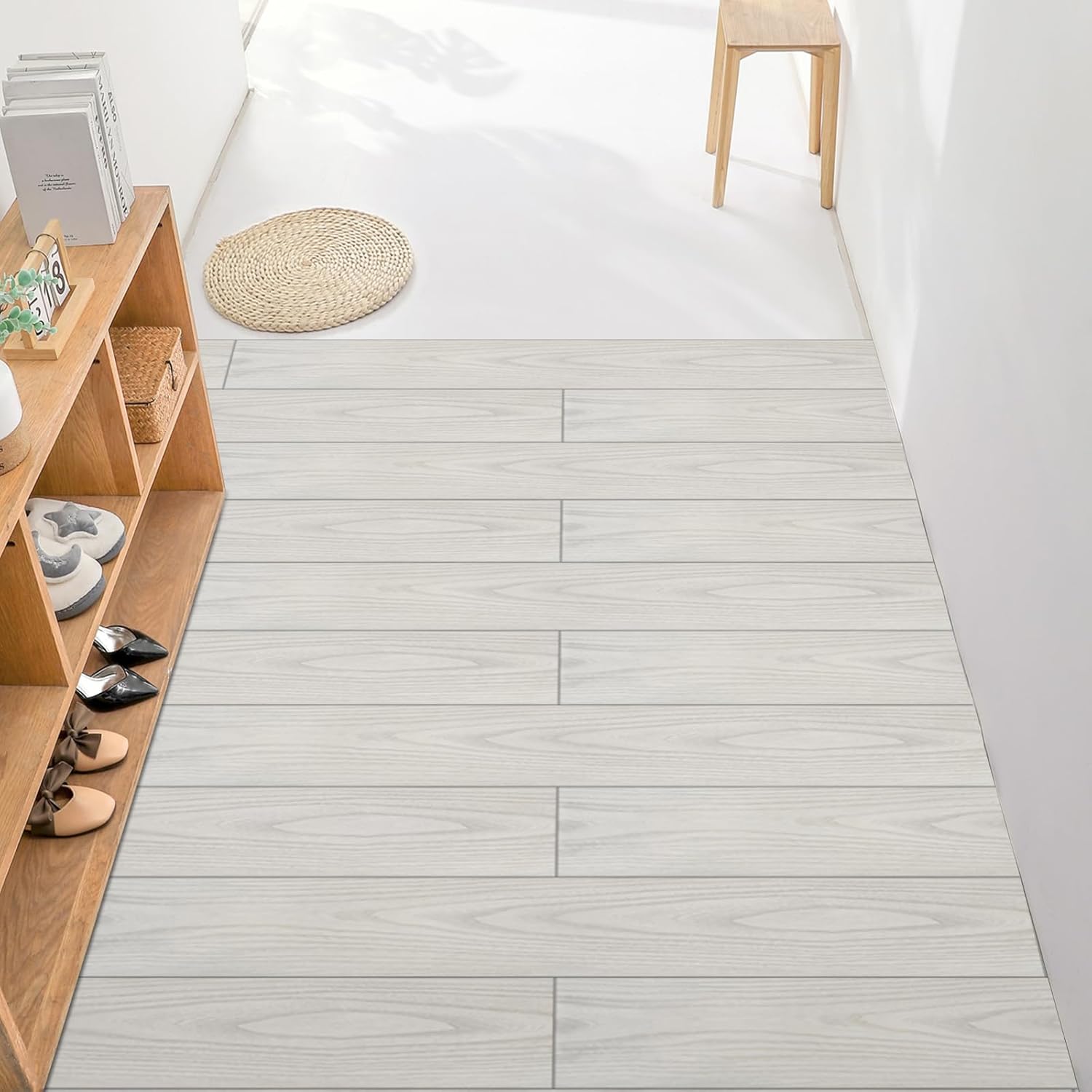 Self Adhesive Floor Planks, Floor Tiles Self Adhesive, Vinyl Flooring Waterproof Peel and Stick for Kitchen Bathroom Living Room Grey White Wood PVC 90X15cm-6