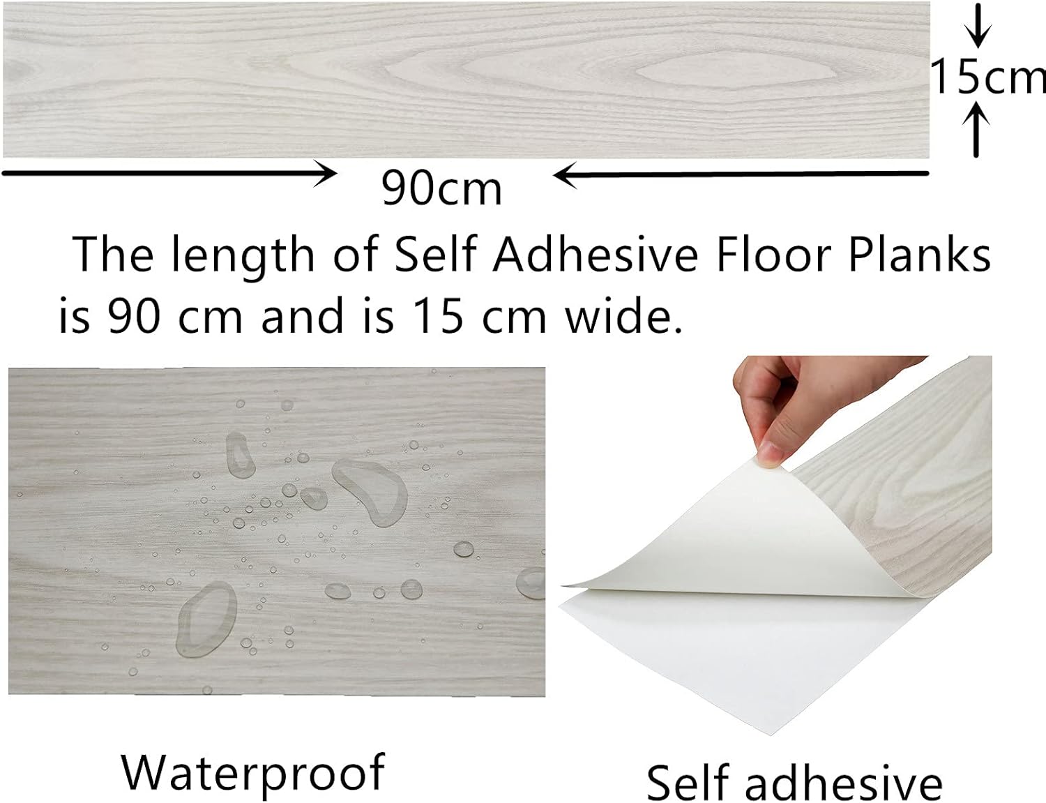 Self Adhesive Floor Planks, Floor Tiles Self Adhesive, Vinyl Flooring Waterproof Peel and Stick for Kitchen Bathroom Living Room Grey White Wood PVC 90X15cm-7