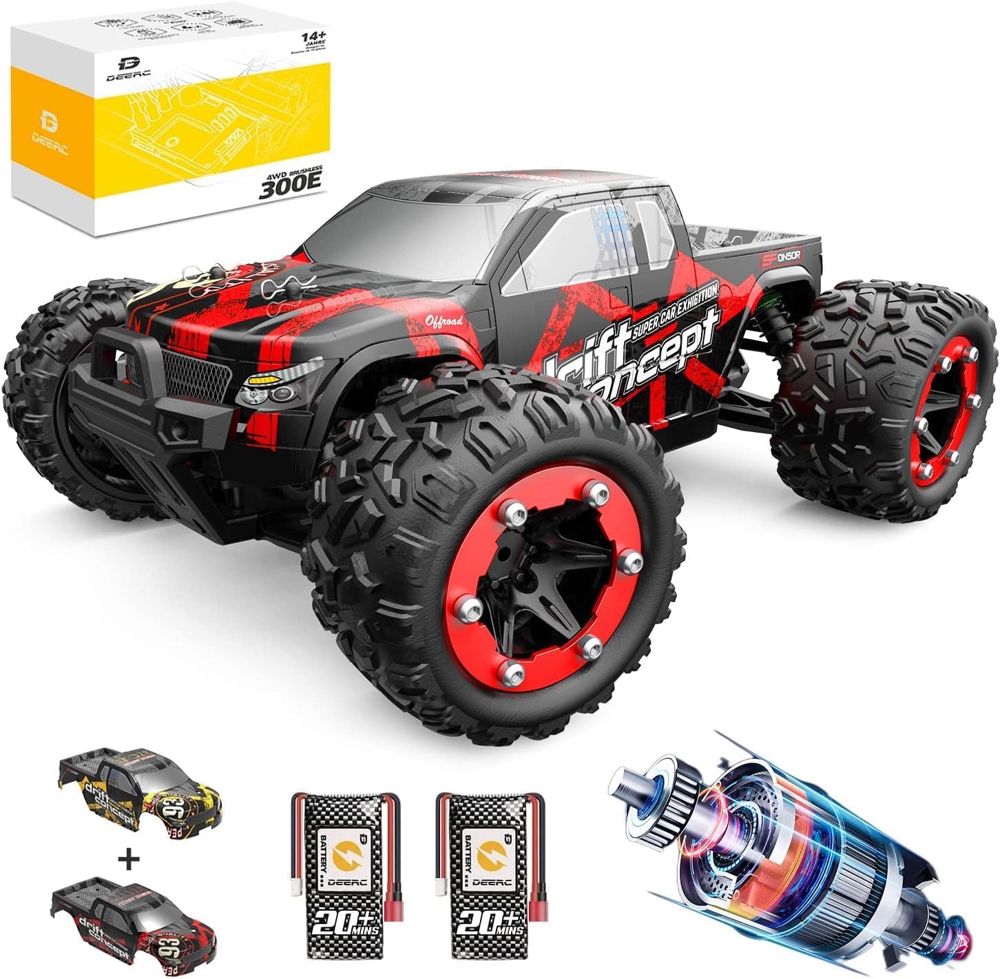 DEERC Brushless Remote Control Car, 4WD High Speed RC Car 37 MPH, 2 Battery for 40+ Min Play, 1:18 Scale Monster Truck with Light, All Terrain Off Road Truck 2 Shell, Gift for Adults, Kids (300E)-0