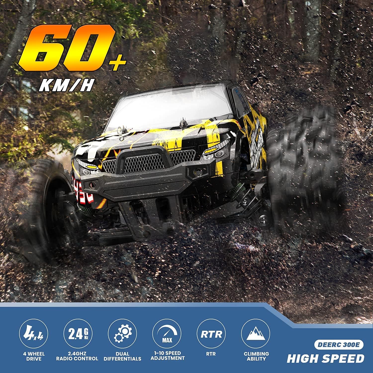 DEERC Brushless Remote Control Car, 4WD High Speed RC Car 37 MPH, 2 Battery for 40+ Min Play, 1:18 Scale Monster Truck with Light, All Terrain Off Road Truck 2 Shell, Gift for Adults, Kids (300E)-1