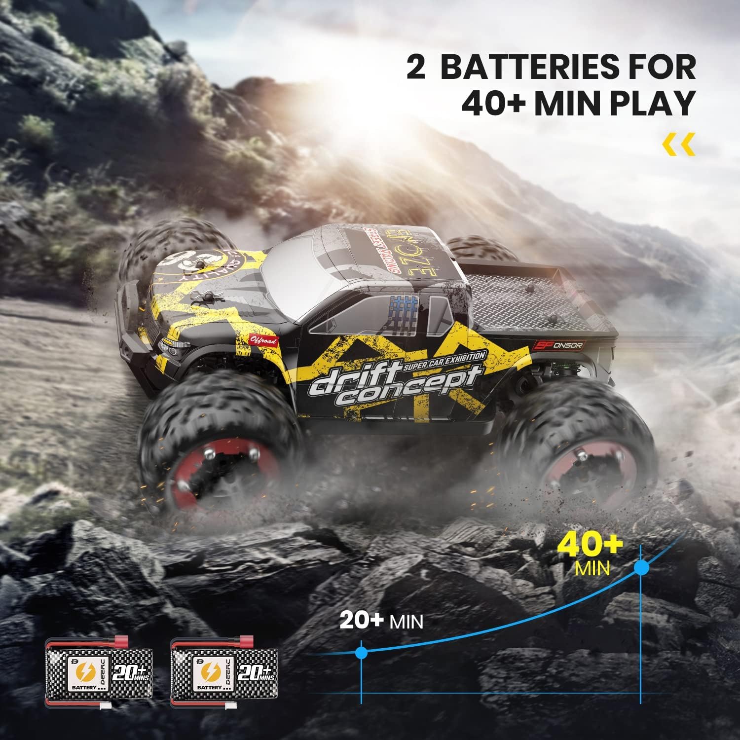 DEERC Brushless Remote Control Car, 4WD High Speed RC Car 37 MPH, 2 Battery for 40+ Min Play, 1:18 Scale Monster Truck with Light, All Terrain Off Road Truck 2 Shell, Gift for Adults, Kids (300E)-2