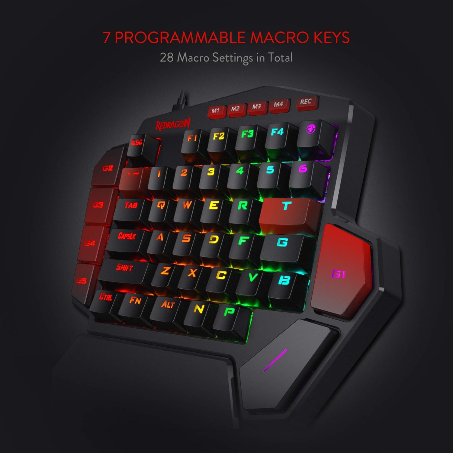 Redragon K585 DITI One-Handed RGB Mechanical Gaming Keyboard, Type-C Wired Professional Gaming Keypad with 7 Onboard Macro Keys, Detachable Wrist Rest, Linear Red Switch, 42 Keys-1