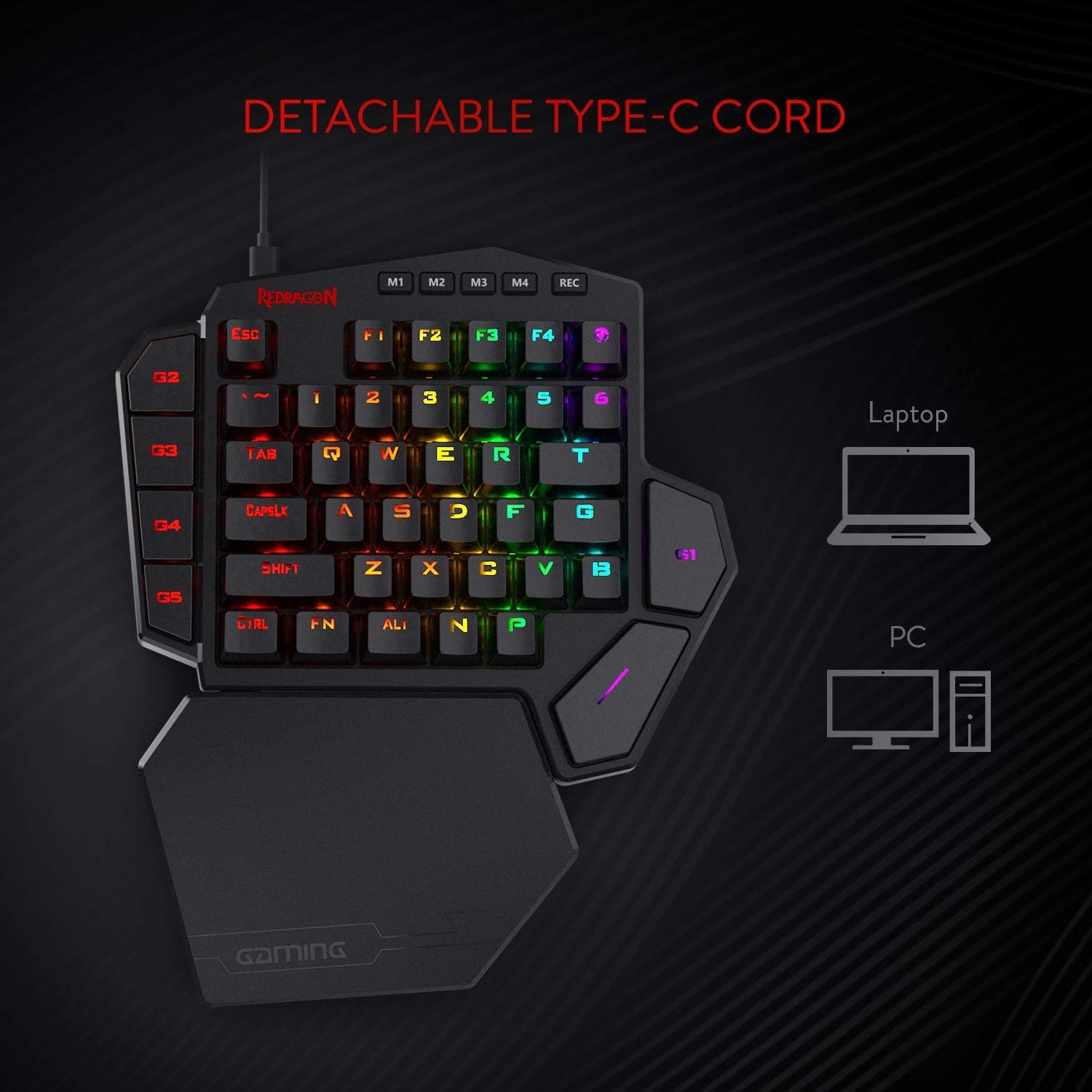 Redragon K585 DITI One-Handed RGB Mechanical Gaming Keyboard, Type-C Wired Professional Gaming Keypad with 7 Onboard Macro Keys, Detachable Wrist Rest, Linear Red Switch, 42 Keys-7