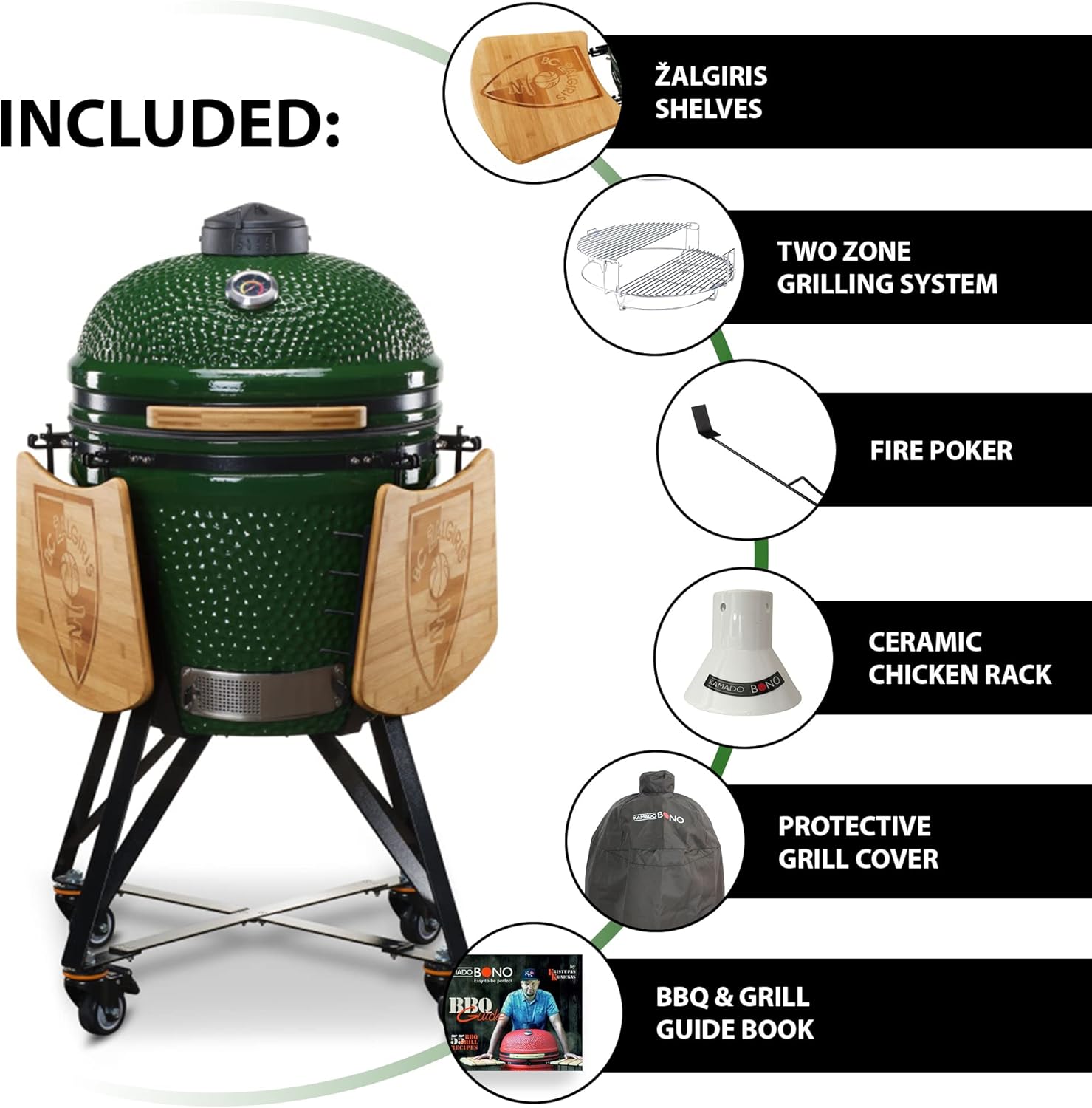 KAMADO BONO Green Egg BBQ Grill, 21" I Kamado BBQ Charcoal Grill with Dual Zone Grilling System I Ceramic BBQ Smoker for Cooking, Smoking & Baking-2