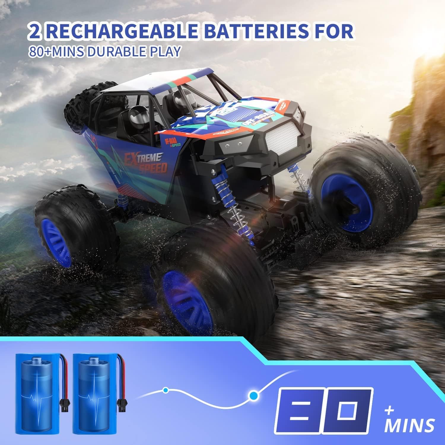 DEERC DE60 Large 1:8 Scale Upgraded RC Cars Remote Control Car for Adults Boys,Off Road Monster Truck with Realistic Sound,2.4Ghz 4WD Rock Crawler Toy All Terrain Climbing,2 Batteries for 80 Min Play-3