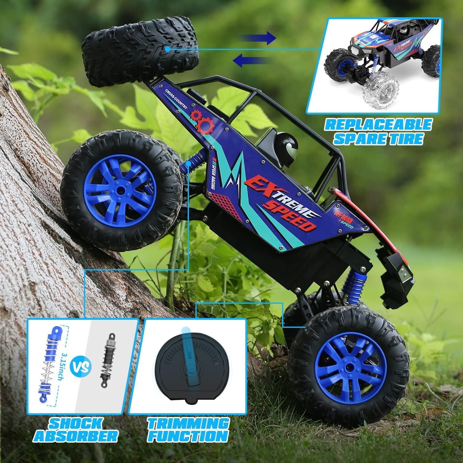 DEERC DE60 Large 1:8 Scale Upgraded RC Cars Remote Control Car for Adults Boys,Off Road Monster Truck with Realistic Sound,2.4Ghz 4WD Rock Crawler Toy All Terrain Climbing,2 Batteries for 80 Min Play-7