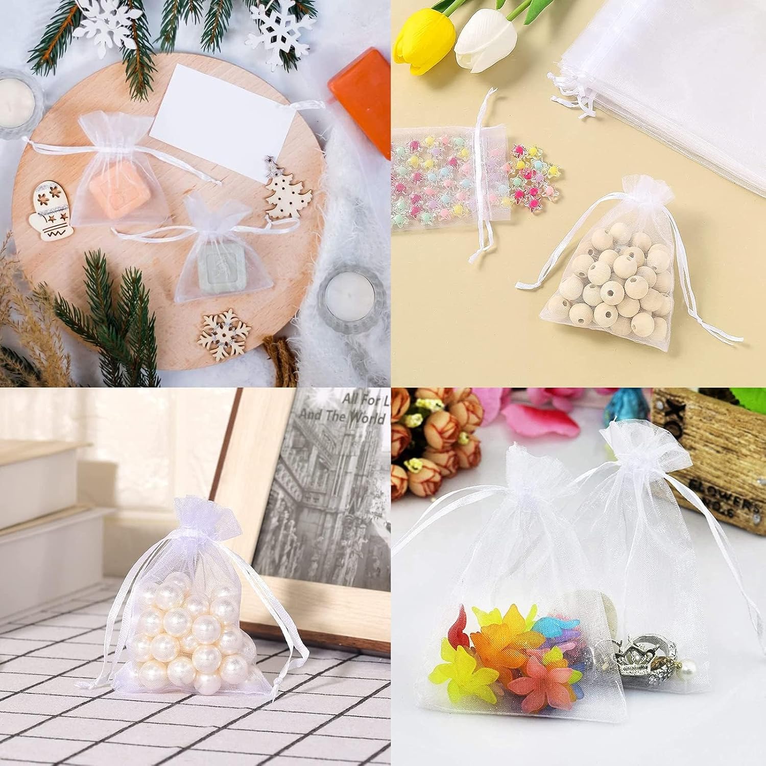 Carehabi 100 Pcs Organza Gift Bags White 7x9cm Small Jewelry Pouches Wedding Jewelry Bag Favour bags Lavender Bag for Wedding Birthday Party Christmas Candy Mesh Bags-6