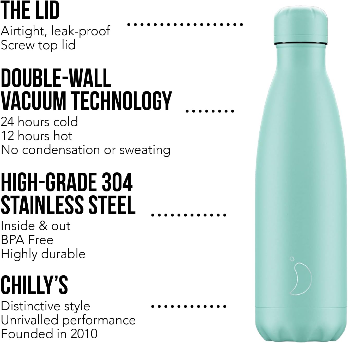 Chilly's Water Bottle - Stainless Steel and Reusable - Leak Proof, Sweat Free - Pastel - All Green, 500ml-2