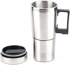 Car Heating Cup, 12V 450ml Electric Mug Stainless Steel Travel Heating Cup Electric Heated Coffee Mug Warmer Portable Double layer Cup with Cigarette Lighter Cable for Heating Water Milk and Tea