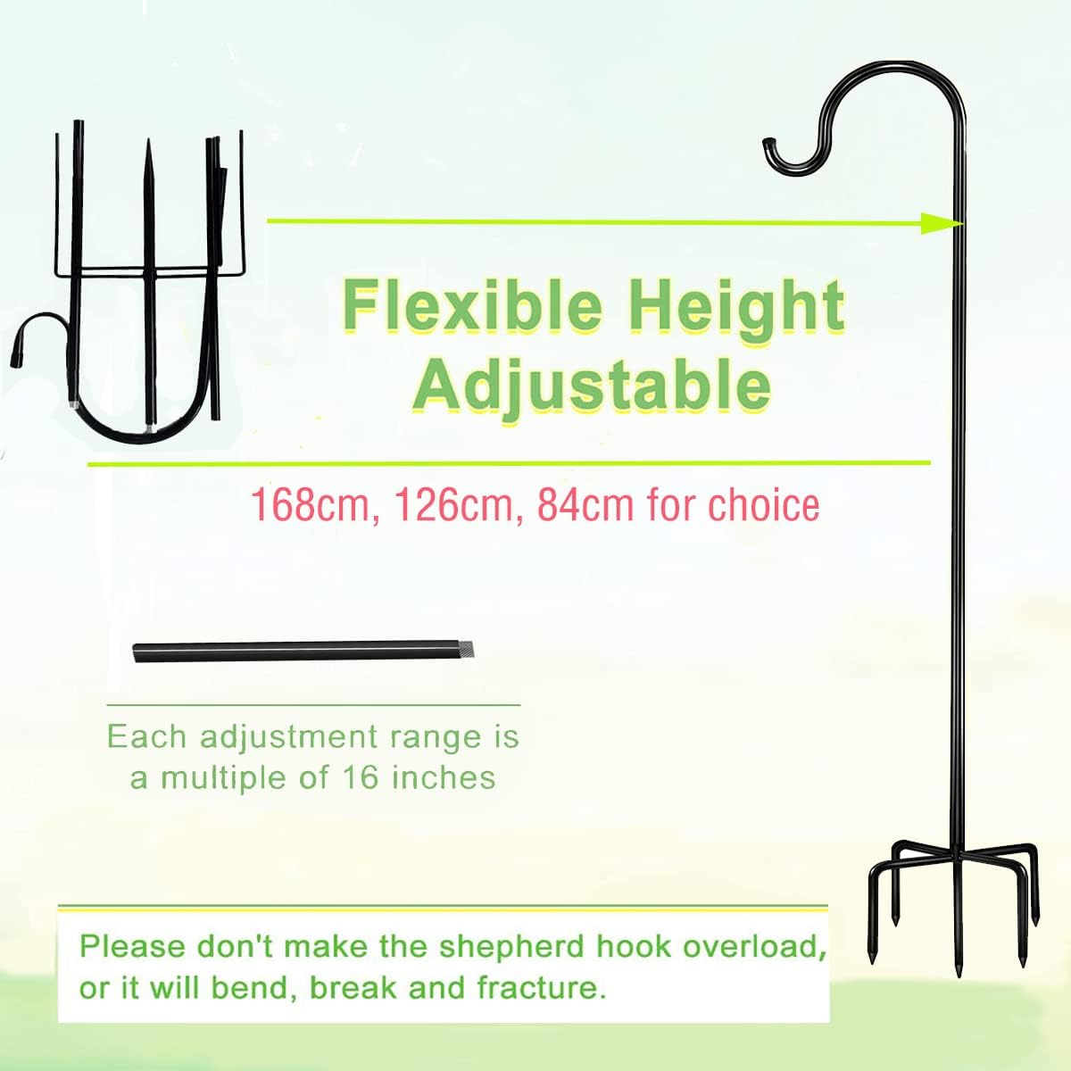 TSKDKIT 60in Shepherds Hook Adjustable Garden Stake Hangers Outdoor Shepherds Hook for Bird Feeders, Metal Garden Hook with 5 Forked Base, Plant Hanging Bracket for Lanterns, Outdoor Lights etc-2