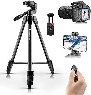 Fotopro 56" Camera Tripod Phone Tripod, Lightweight Compact Travel Tripod with 3 Way Pan Tilt Head Cold Shoe Phone Holder Remote Carry Bag, Tripod for iPhone DSLR