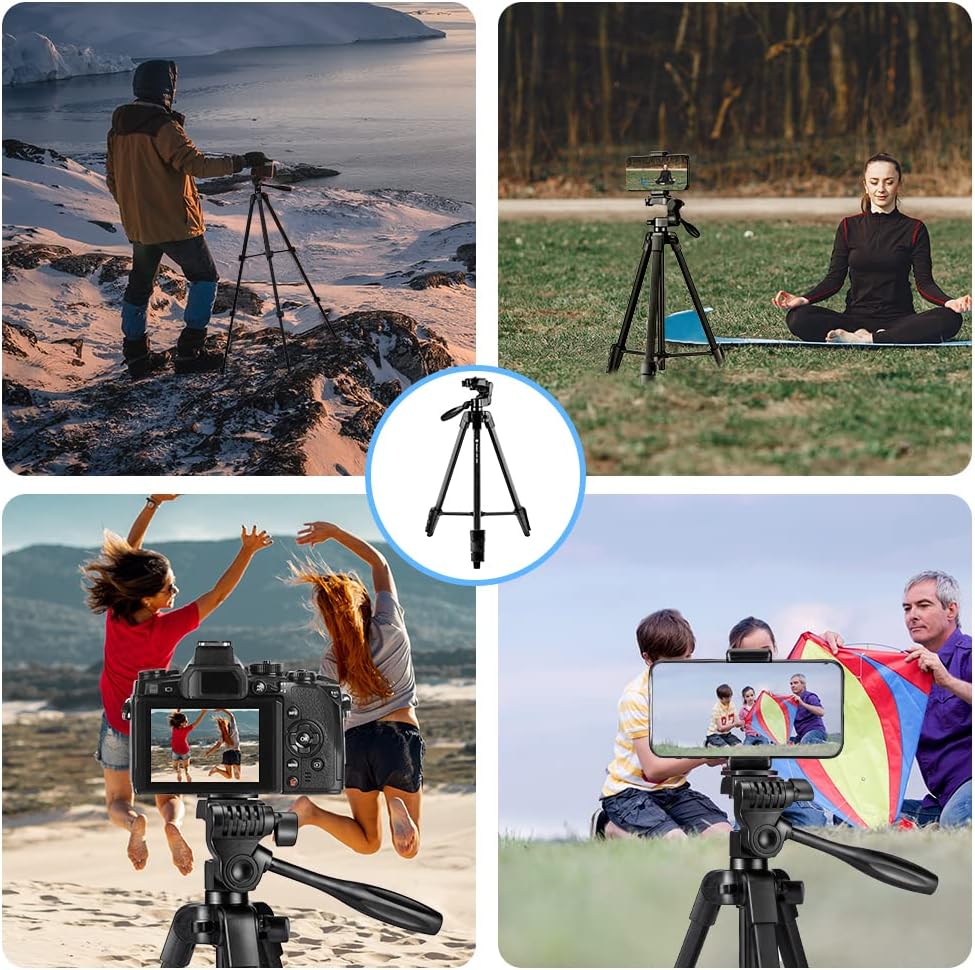 Fotopro 56" Camera Tripod Phone Tripod, Lightweight Compact Travel Tripod with 3 Way Pan Tilt Head Cold Shoe Phone Holder Remote Carry Bag, Tripod for iPhone DSLR-4