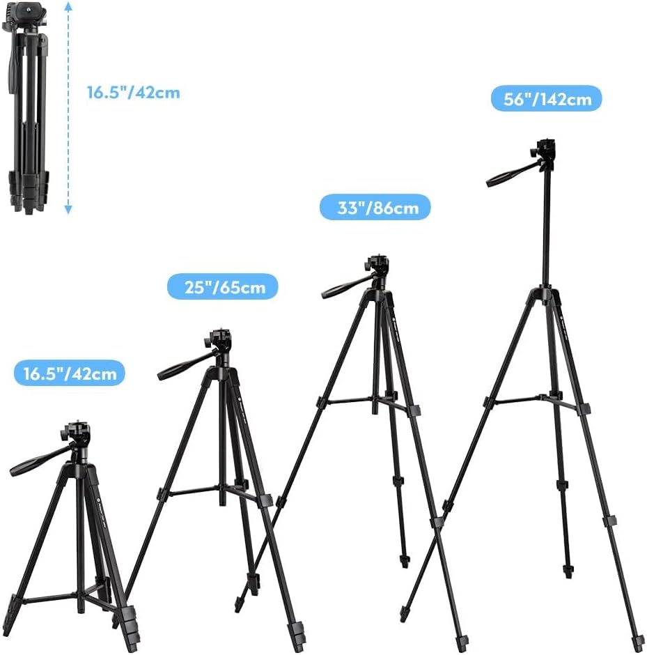 Fotopro 56" Camera Tripod Phone Tripod, Lightweight Compact Travel Tripod with 3 Way Pan Tilt Head Cold Shoe Phone Holder Remote Carry Bag, Tripod for iPhone DSLR-5