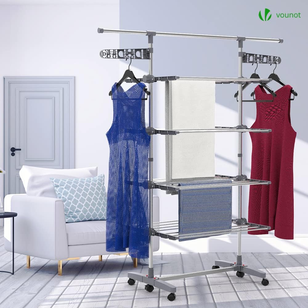 VOUNOT 4 Tier Clothes Airer Drying Rack, Large Clothes Horse with Telescopic Rod & Wheels, Folding Stainless Steel Laundry Racks for Indoor Outdoor-1