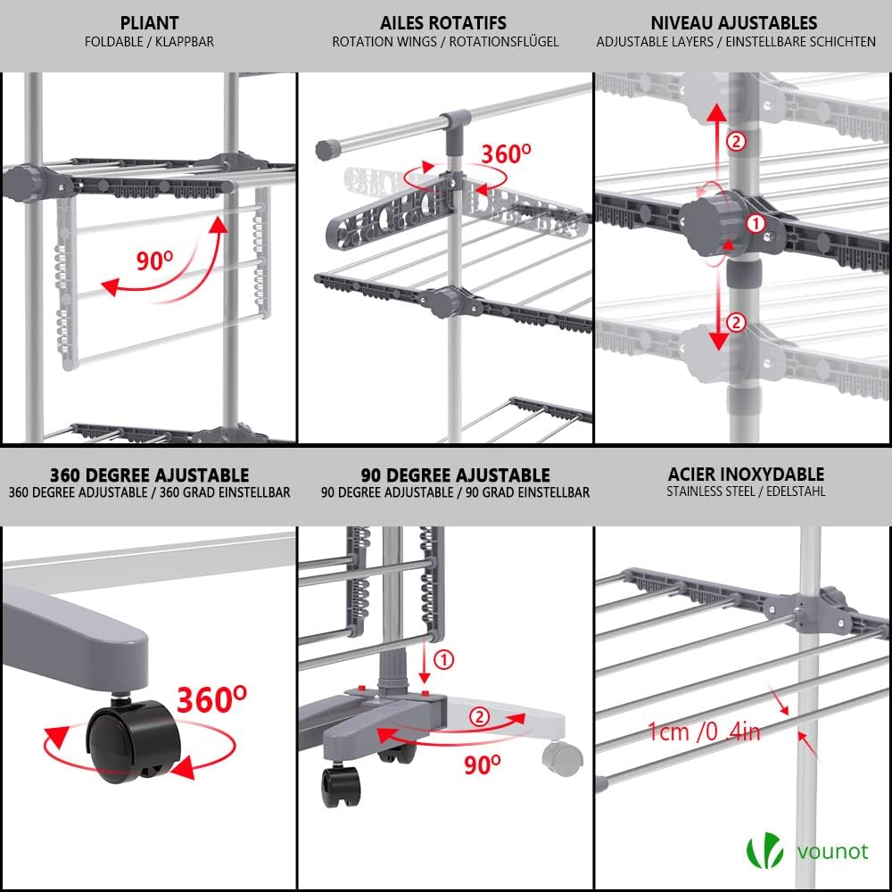 VOUNOT 4 Tier Clothes Airer Drying Rack, Large Clothes Horse with Telescopic Rod & Wheels, Folding Stainless Steel Laundry Racks for Indoor Outdoor-3