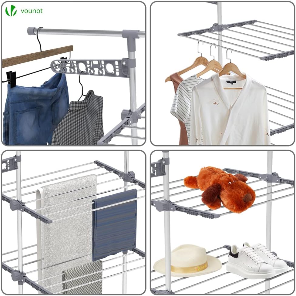 VOUNOT 4 Tier Clothes Airer Drying Rack, Large Clothes Horse with Telescopic Rod & Wheels, Folding Stainless Steel Laundry Racks for Indoor Outdoor-5